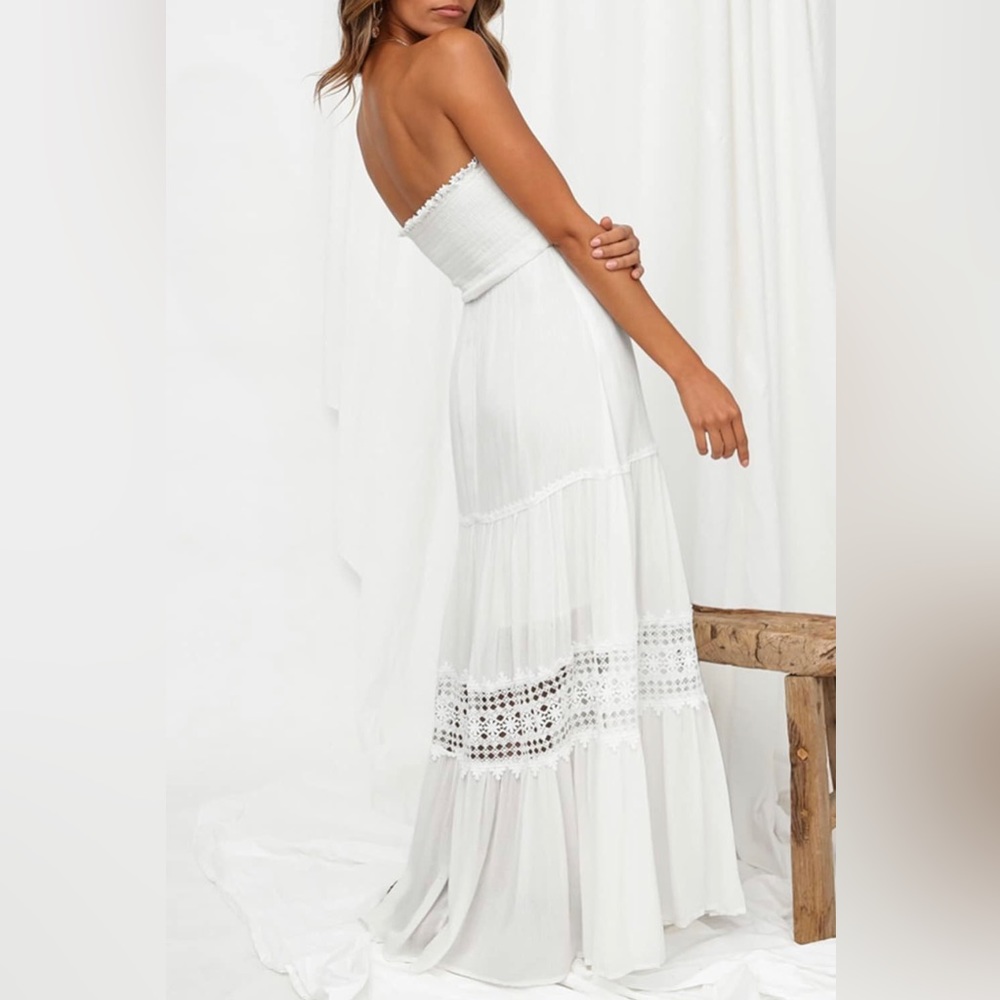 White Strapless Maxi Dress with Crochet Trim - Picture 2 of 8
